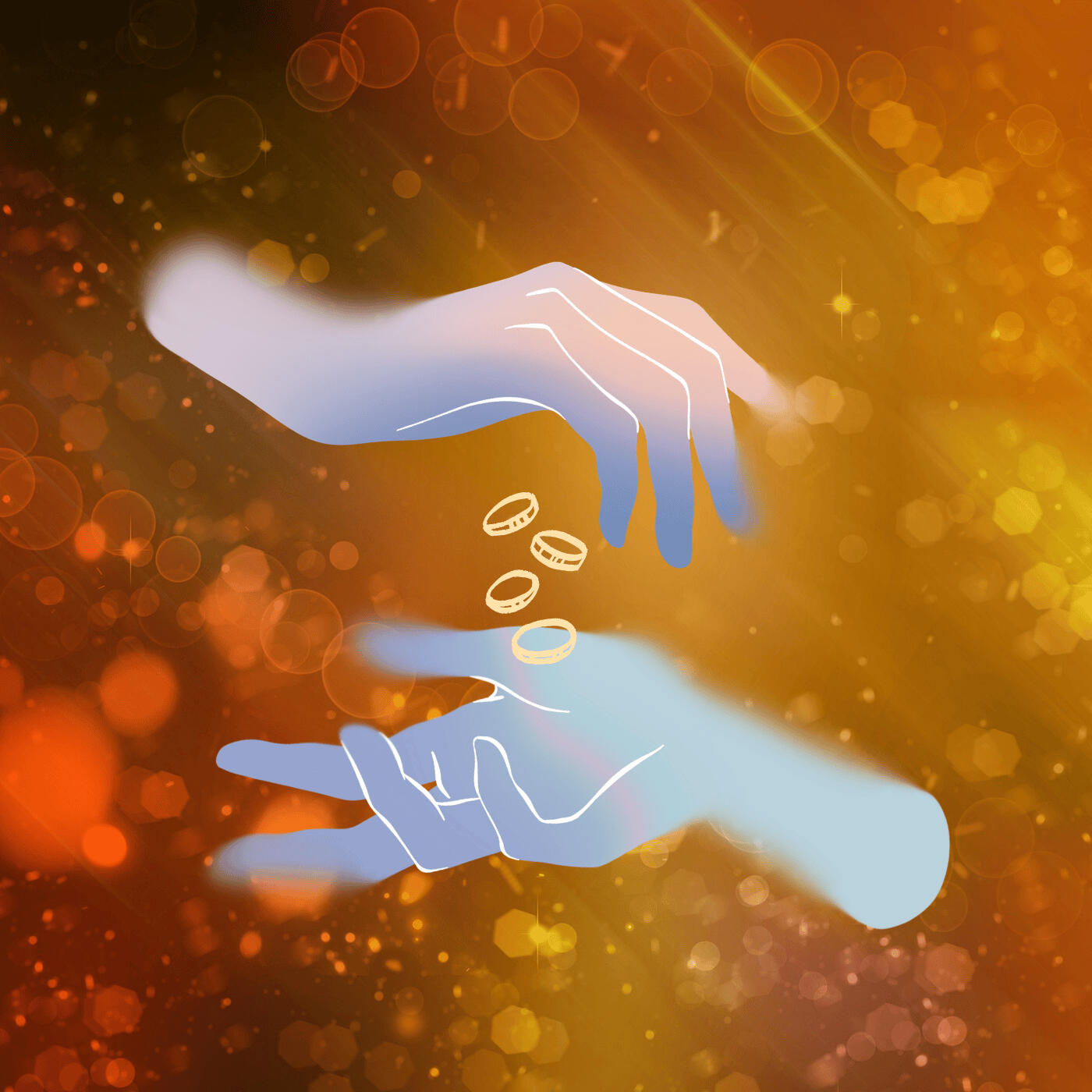 main logo Illusory purple hands exchange ethereal coins against a golden dazzling background.