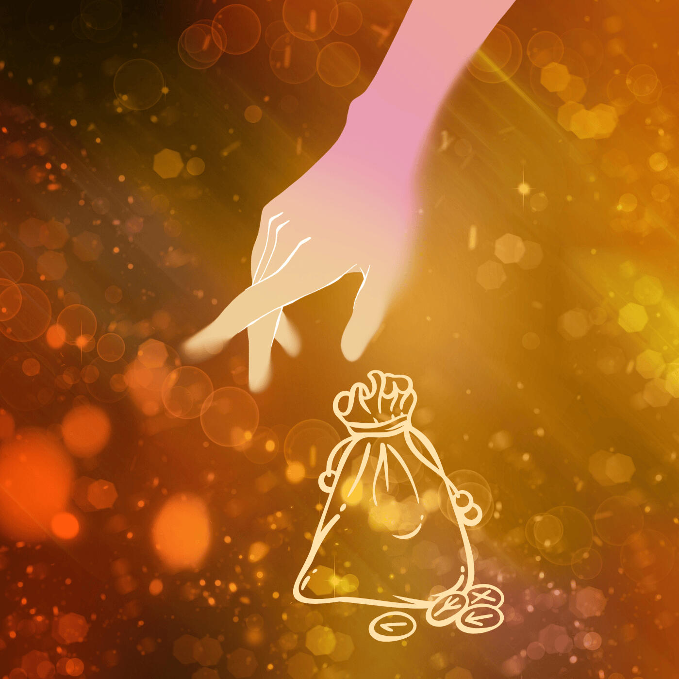 hand and money bag An illusory hand reaching for a bag of gold against a dazzling gold backdrop.